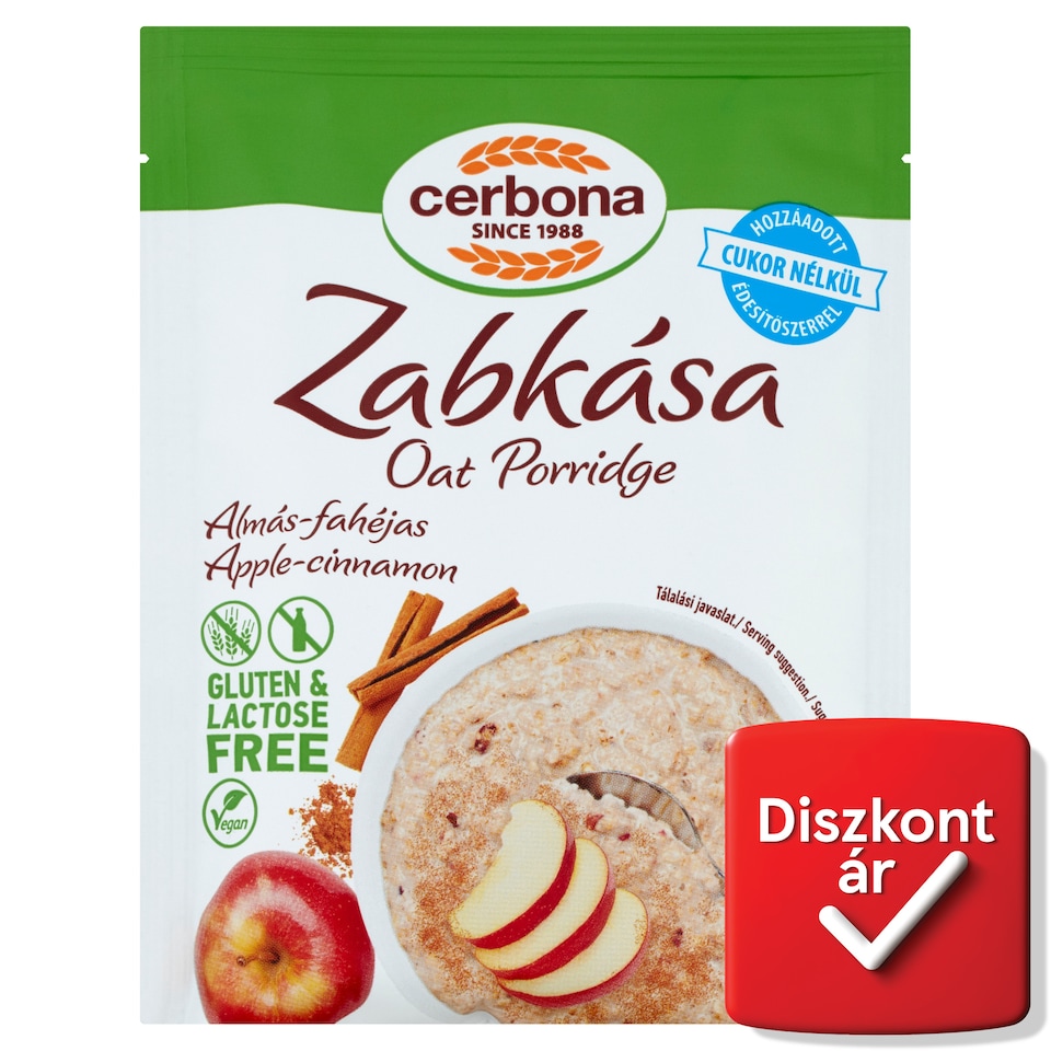 Cerbona gluténmentes, laktózmentes almás-fahéjas zabkása cukor hozzáadása nélkül édesítőszerrel 50 g