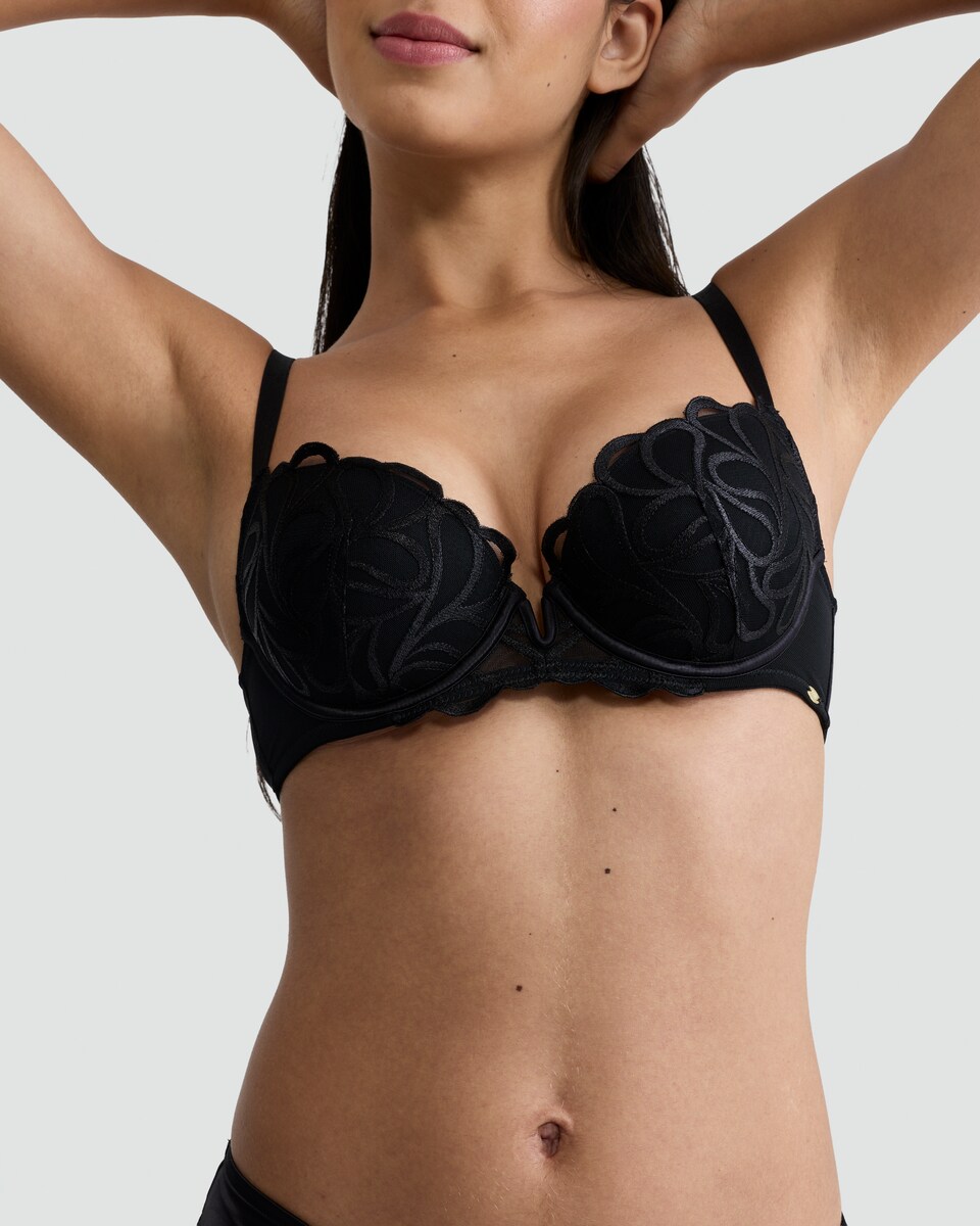 image 1 of F&F Floral Embroidered Underwired Plunge Bra in Black