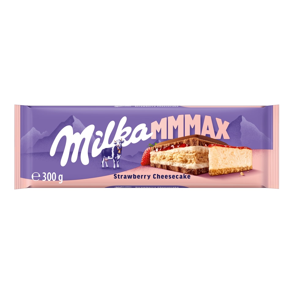 Milka alpesi tejcsokoládé sajttortaízű krémtöltelékkel, epres töltelékkel és keksszel 300 g