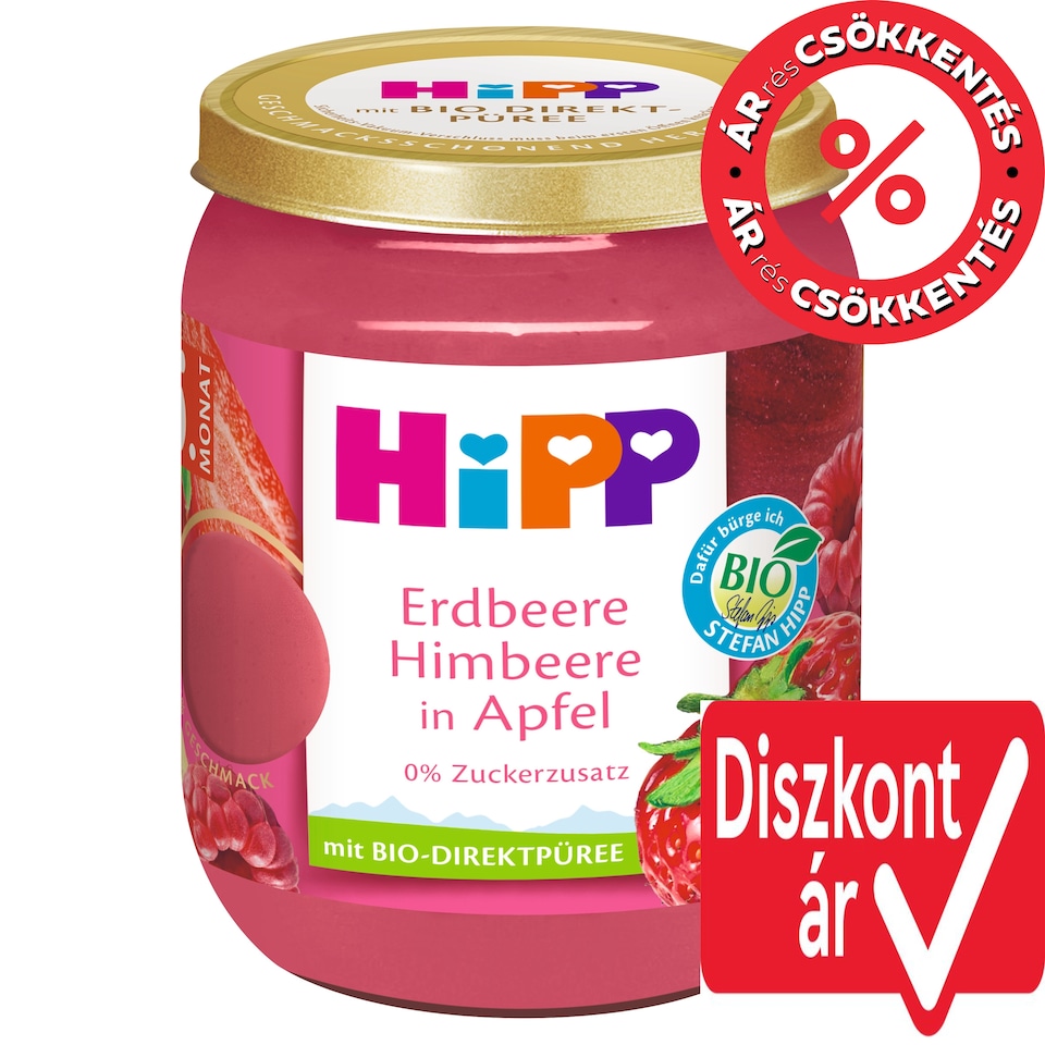 HiPP bio gyümölcskészítmény alma eperrel és málnával bébidesszert 5 hónapos kortól 160 g  1. kép