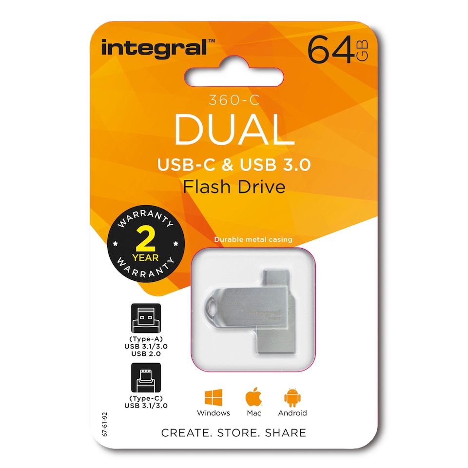 Integral 64GB 360-Dual USB 3.0, Type C & Type A, Flash Drive