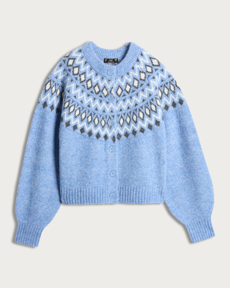 image 1 of F&F Knitted Fair Isle Pattern Cardigan with Wool in Blue