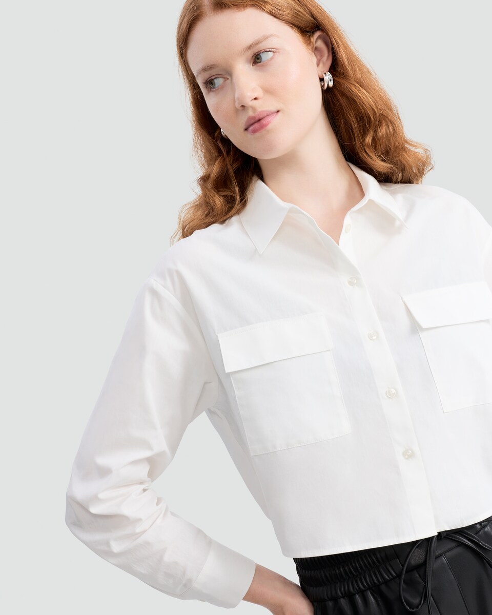 image 1 of F&F Pure Cotton Cropped Pocket Front Button Up Shirt in White