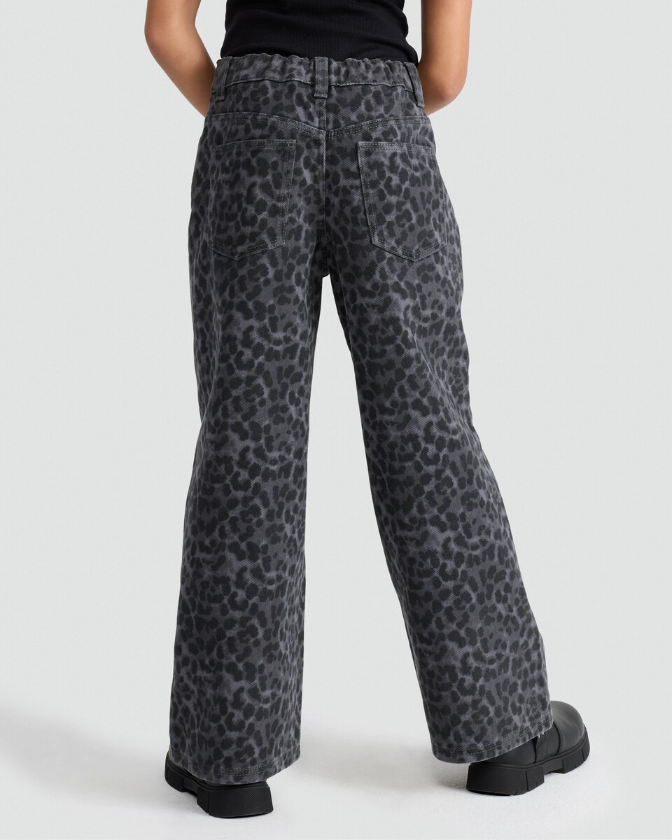 image 1 of F&F Girls Pure Cotton Leopard Print Wide Leg Jeans in Grey