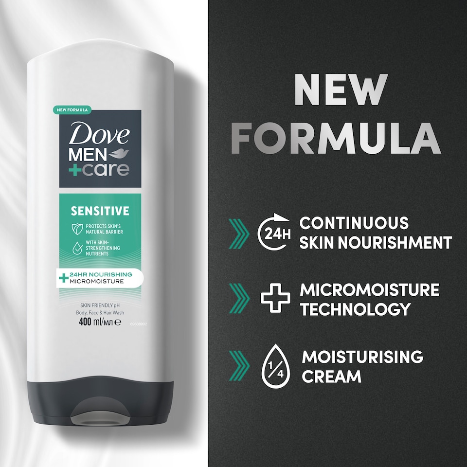 image 1 of Dove Men+Care Sensitive 3 In 1 Body Face+Hair 400Ml