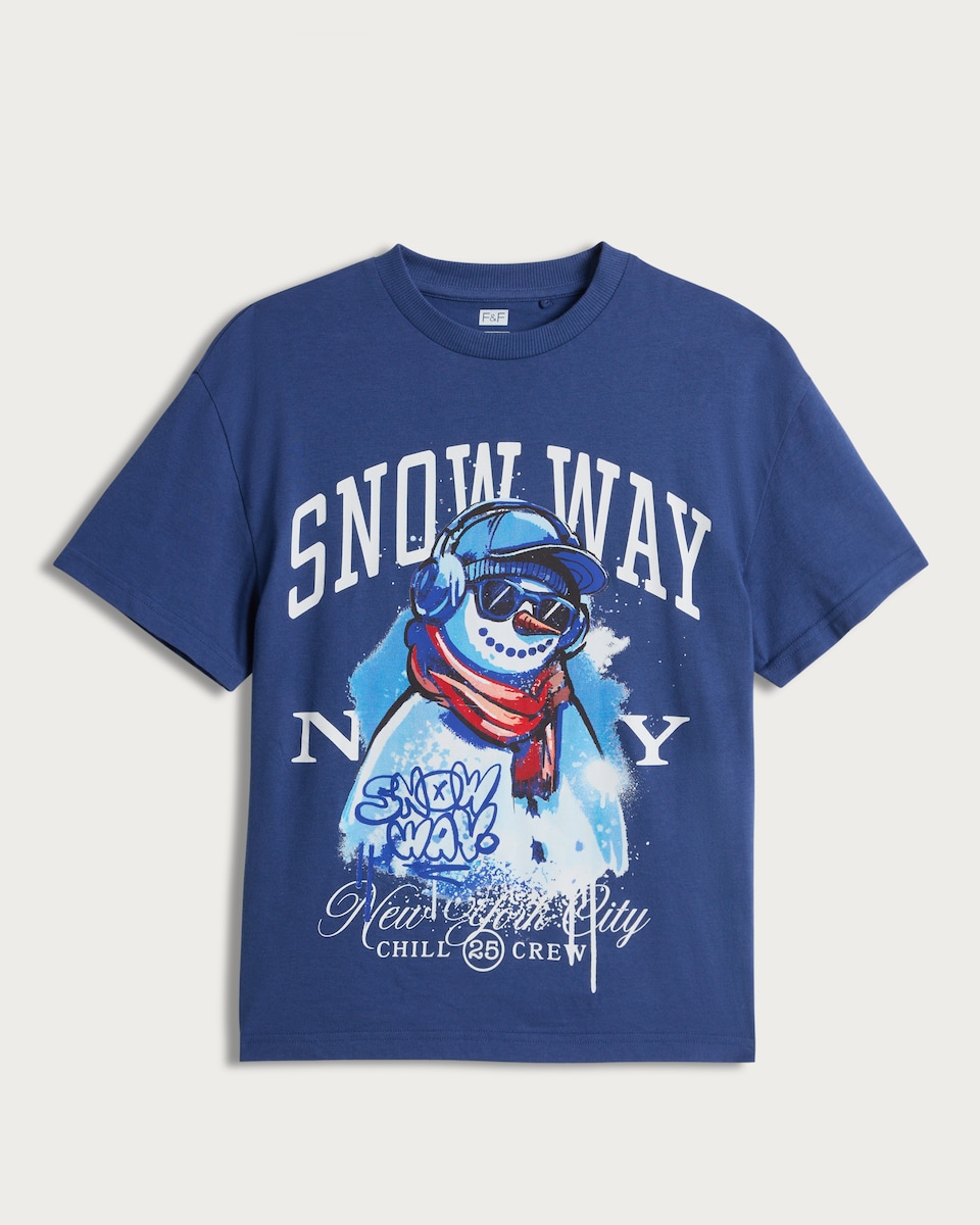 image 1 of F&F Boys Pure Cotton Festive Print T-Shirt in Blue