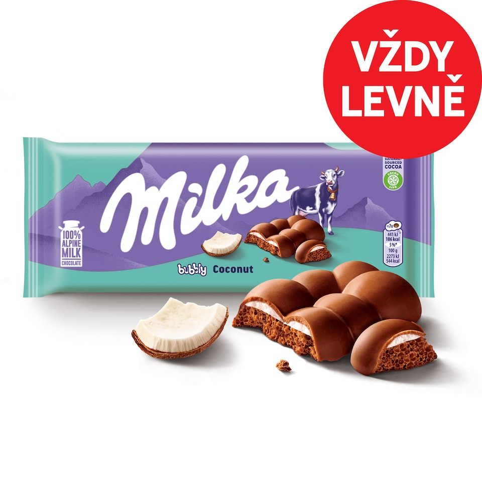 Milka Bubbly Coconut mléčná čokoláda z alpského mléka s porézní kokosovou náplní 97 g
