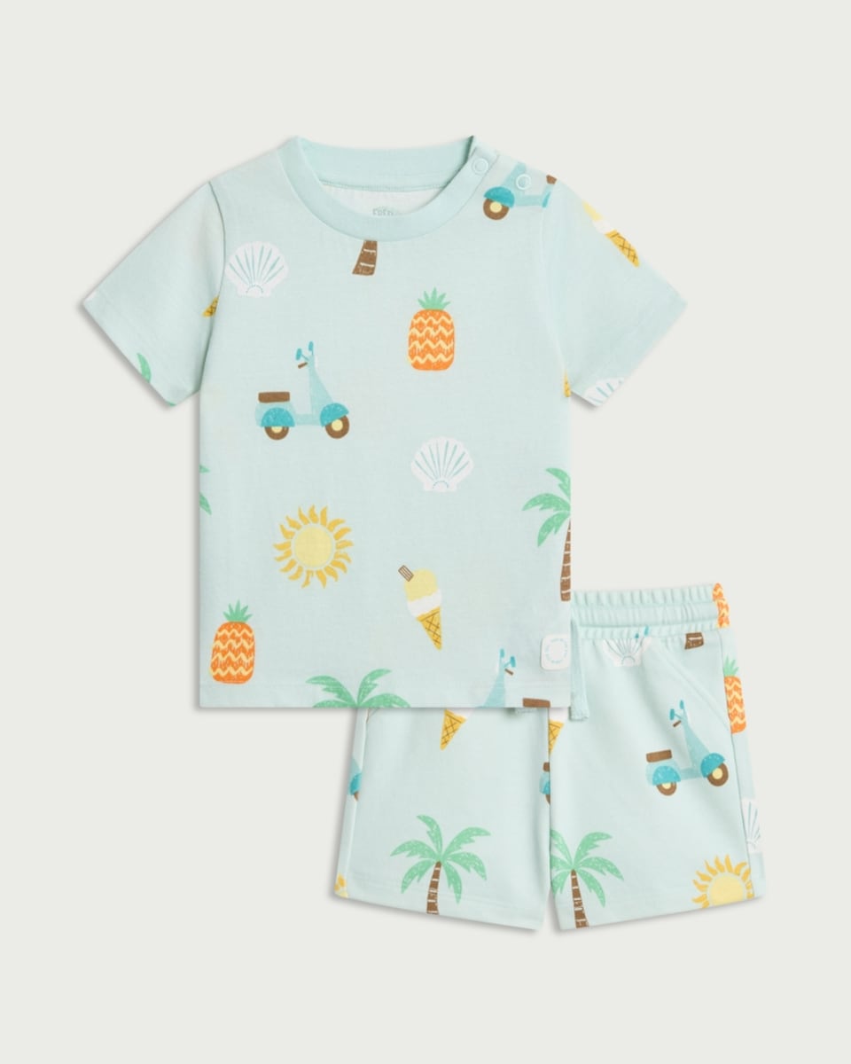 image 1 of F&F Baby 2-Piece Pure Cotton Tropical Print T-Shirt and Shorts Set in Mint