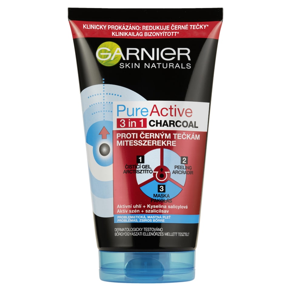 Garnier Skin Naturals Pure Active 3 v1 maska s aktívnym uhlím proti čiernym bodkám, 150 ml