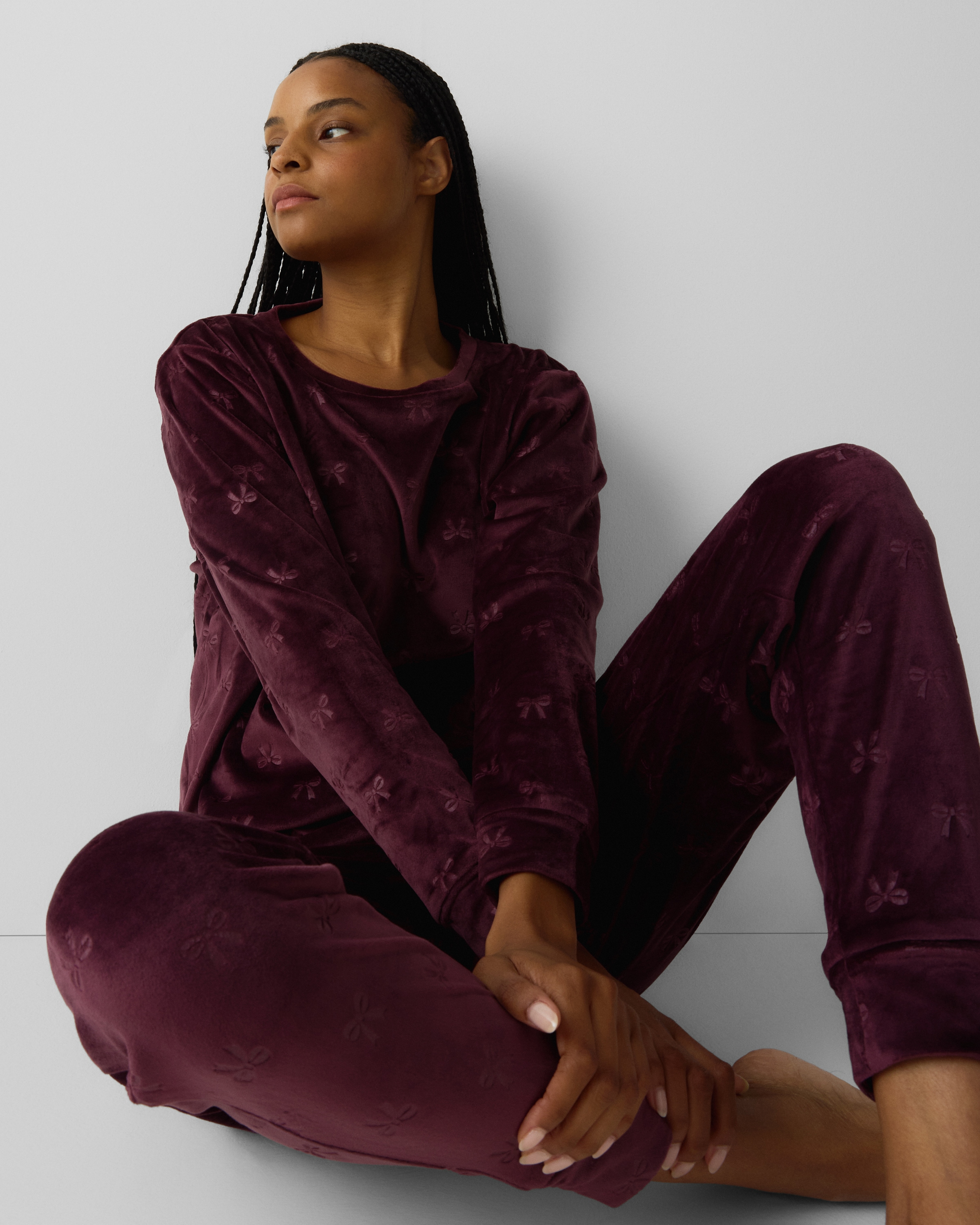 F&F Fleece Bow Pyjama Set in Burgundy