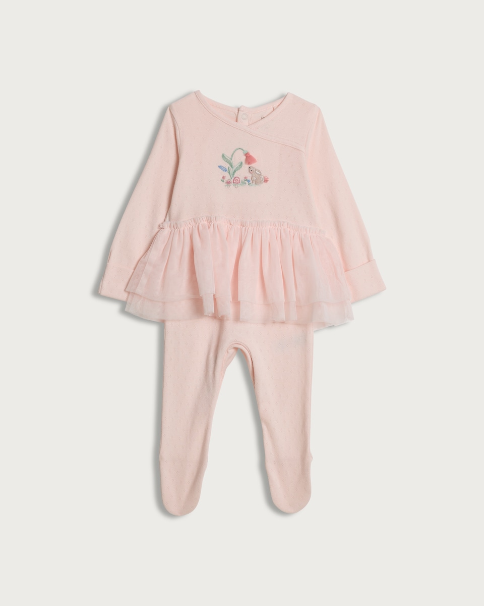 image 1 of F&F Baby Bunny Embroidered Tulle Sleepsuit in Pink