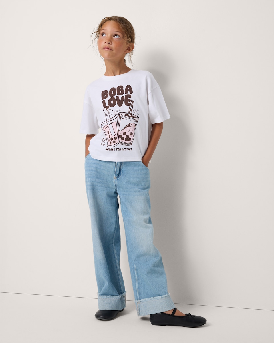 image 1 of F&F Girls Pure Cotton Boba Love T-Shirt in White