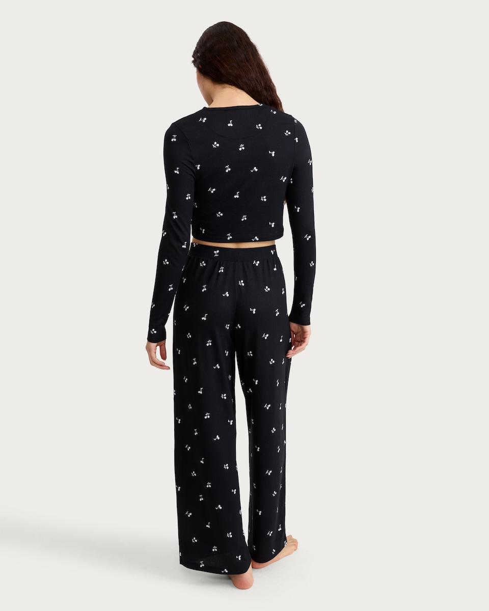 image 1 of F&F Snit Textured Cherry Print Button Top and Bottoms Pyjama Set in Multi Black