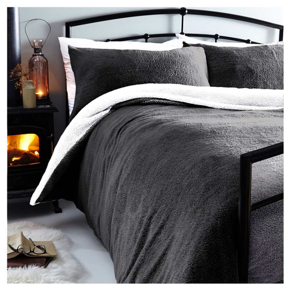 image 1 of Silent Night Grey White Teddy Duvet Set Double