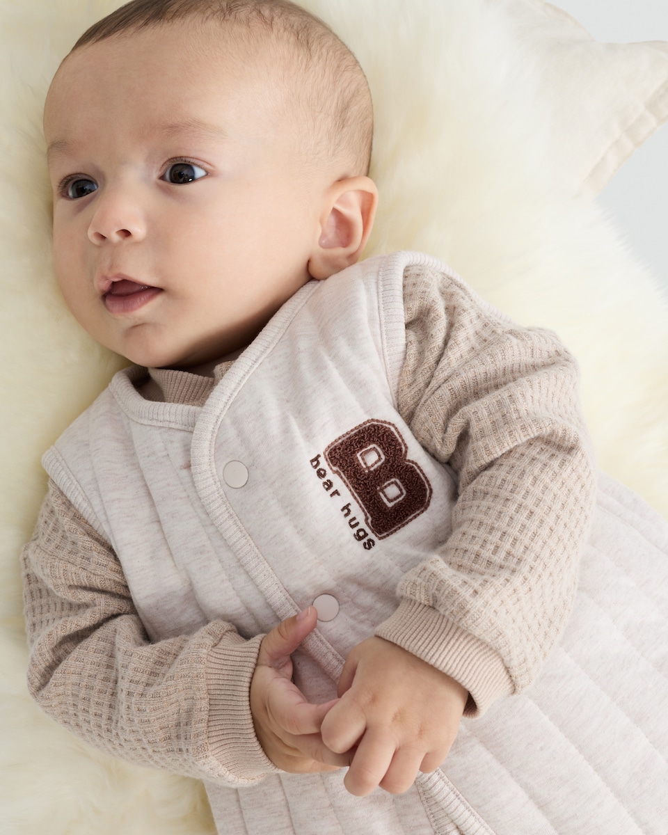 image 1 of F&F Baby 3-Piece Bear Hugs Gilet, Top and Cuffed Joggers Set in Neutral