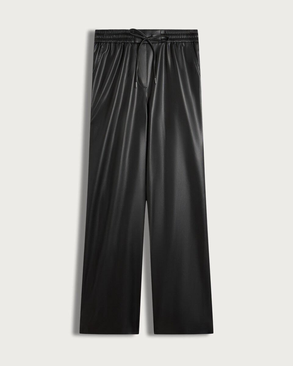 image 1 of The F&F Edit Faux Leather Wide Leg Drawstring Joggers in Black