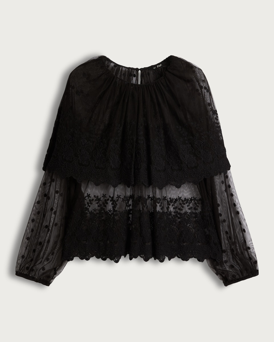 image 1 of The F&F Edit Embroidered Sheer Long Sleeved Blouse in Black