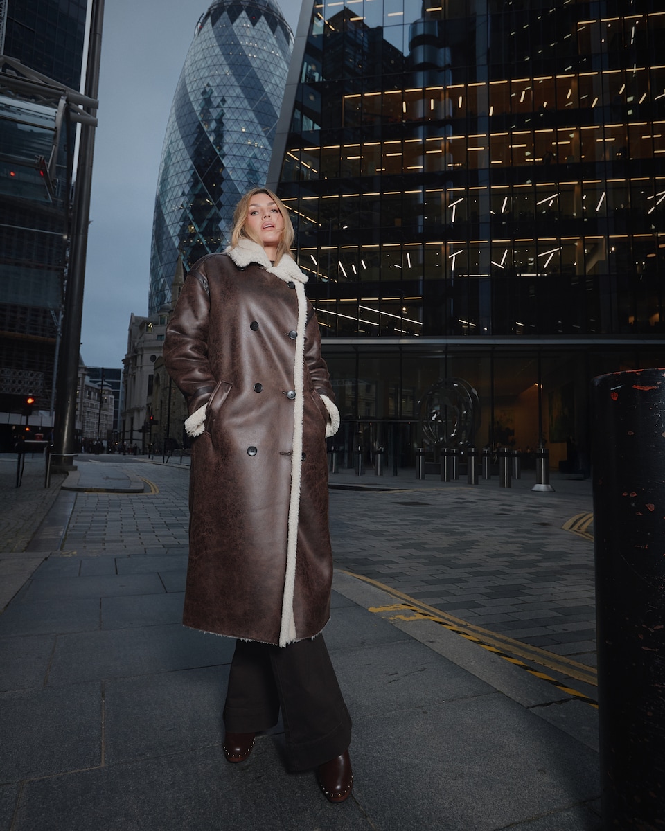 image 1 of The F&F Edit Double-Breasted Shearling Coat in Brown