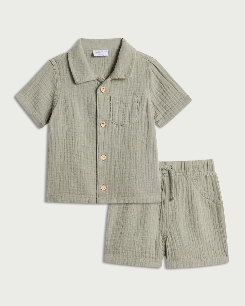 F&F Baby 2-Piece Pure Cotton Textured Shirt and Shorts Set in Khaki
