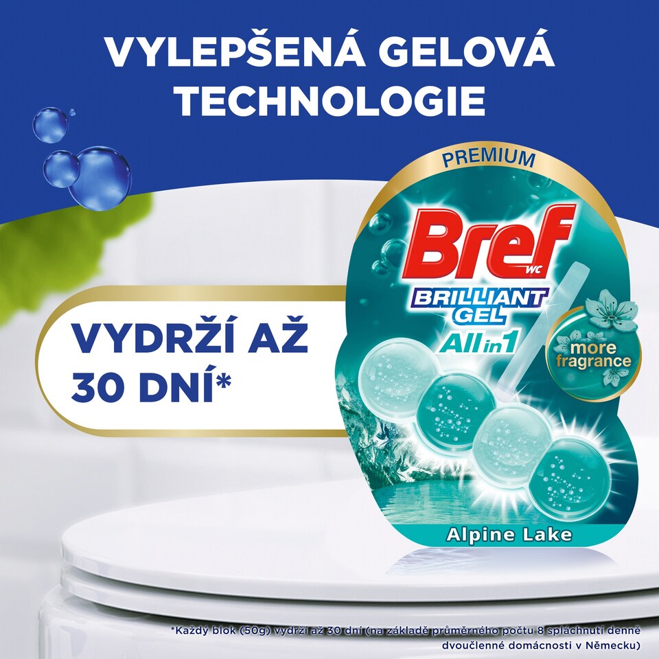 Obrázek 1 pro produkt Bref Brilliant Gel All in 1 Alpine Lake tuhý WC blok 3 x 42g