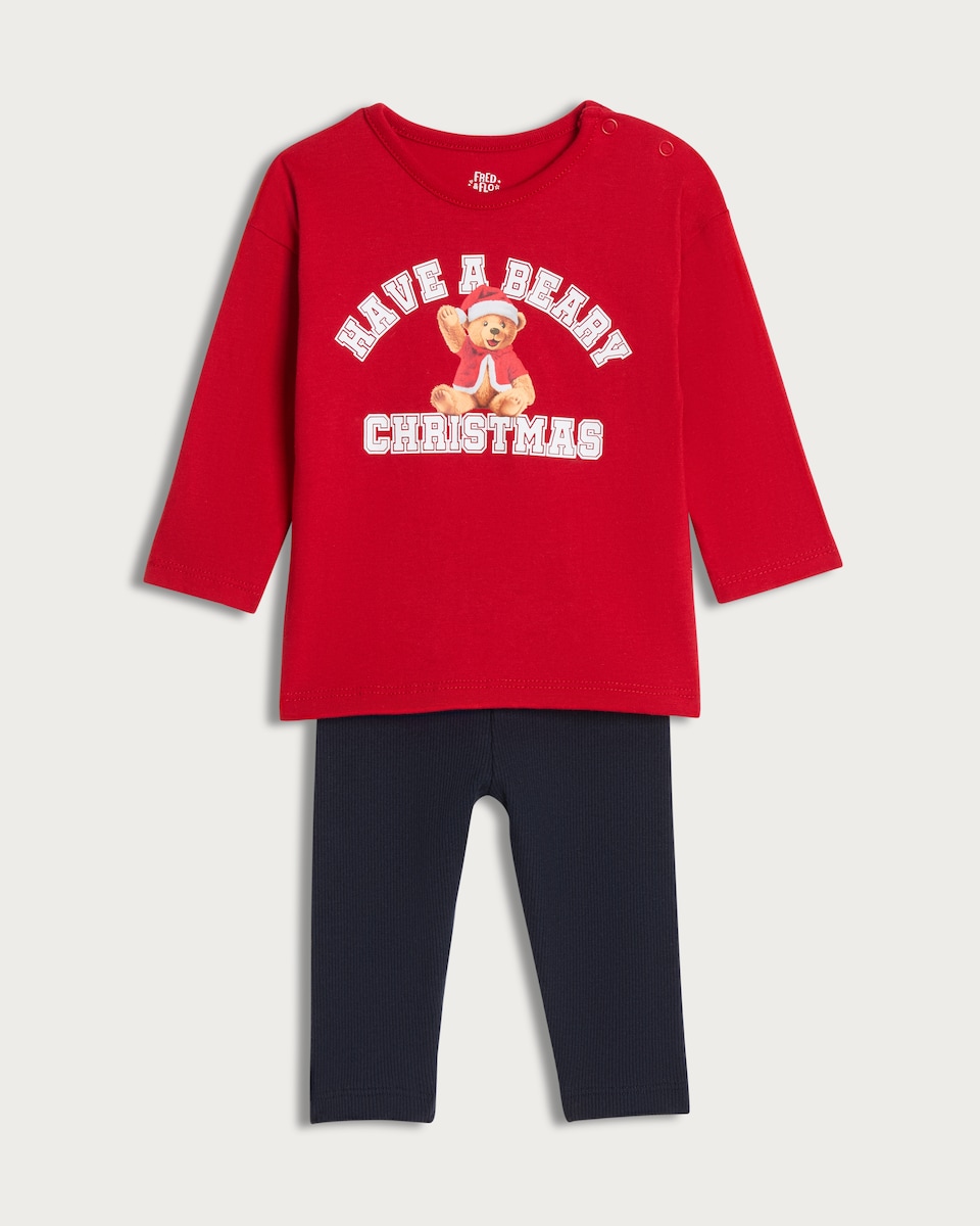 image 1 of F&F Baby 2-Piece Cotton Rich Beary Christmas Top and Leggings in Red