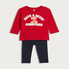 F&F Baby 2-Piece Cotton Rich Beary Christmas Top and Leggings in Red
