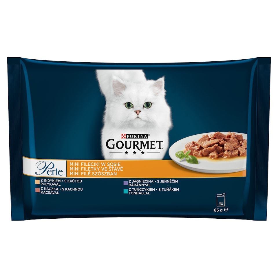Gourmet Perle Pouches for Cats Turkey, Tuna, Duck, Lamb in Juice 4 x 85g