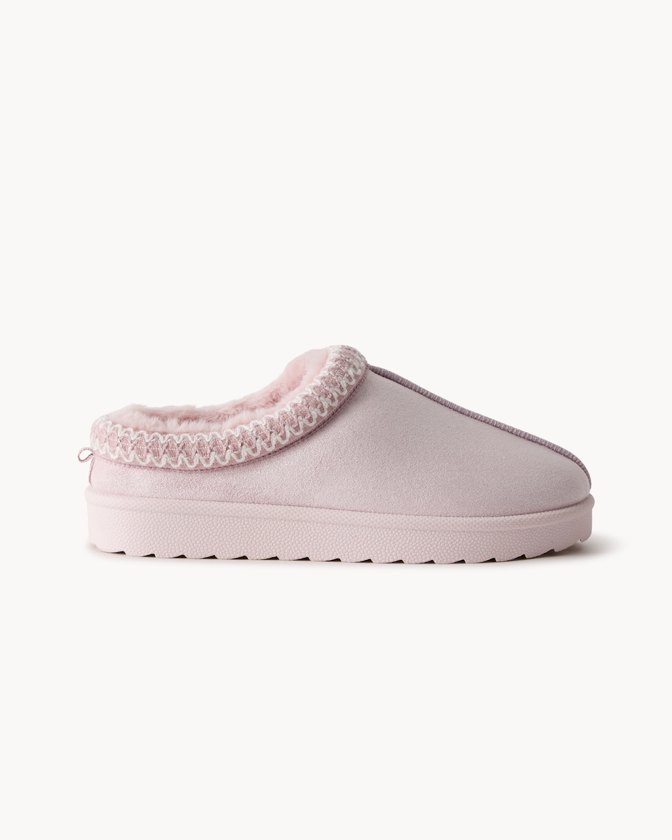 image 1 of F&F Girls Faux Fur Lined Embroidered Mule Slippers in Pink