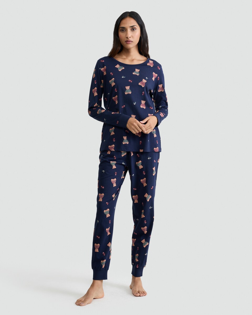 image 1 of F&F Pure Cotton Teddy Bear Print Top and Joggers Pyjamas in Navy