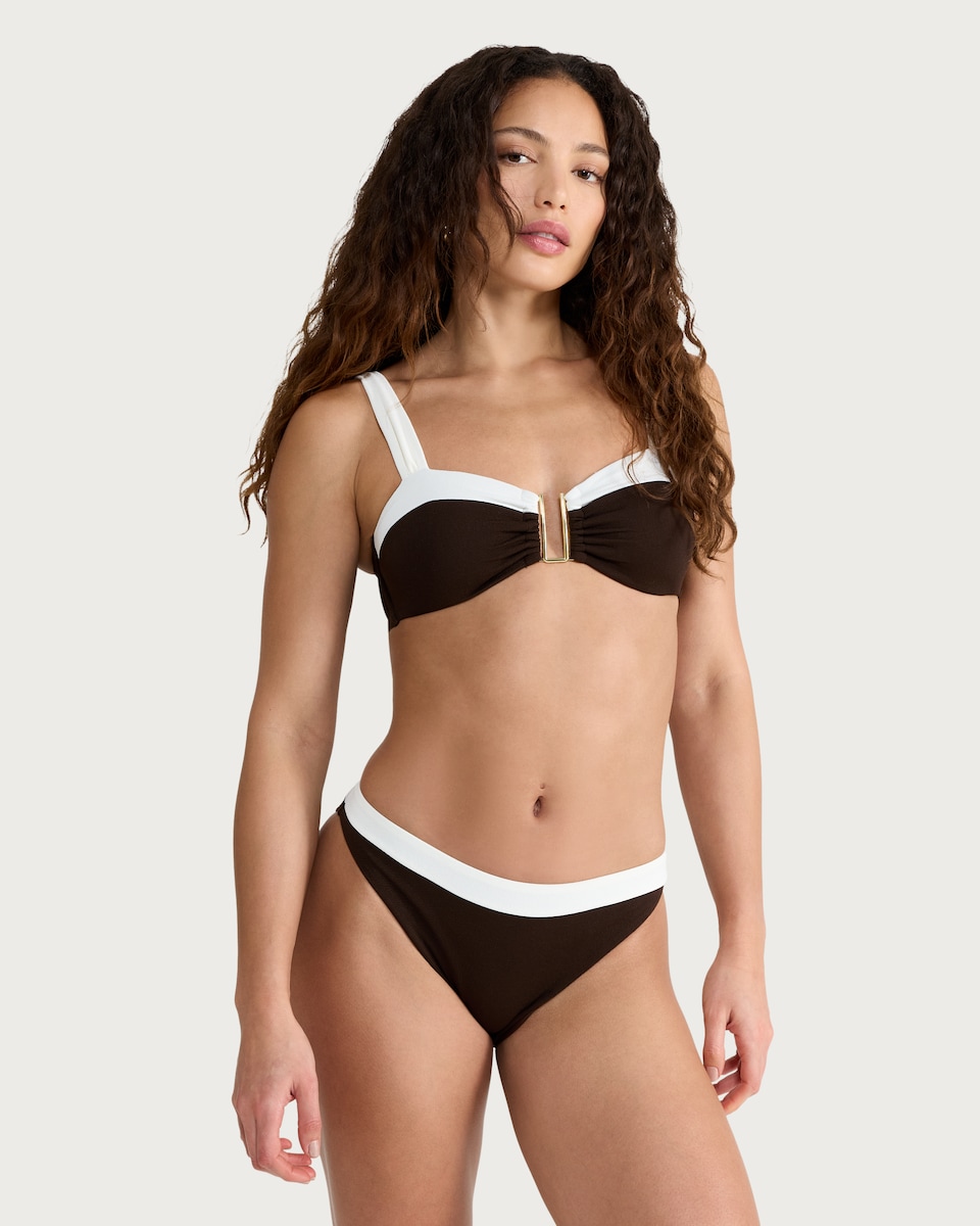 image 1 of F&F Textured Contrast Trim High Leg Bikini Bottoms in Brown