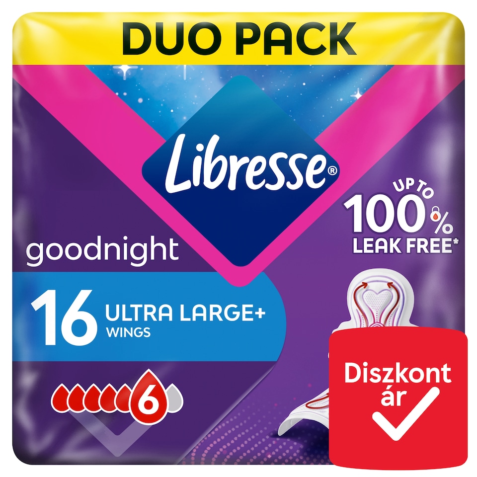 Libresse Ultra Large+ Goodnight szárnyas egészségügyi betét, éjszakai használatra 2 x 8 db  1. kép