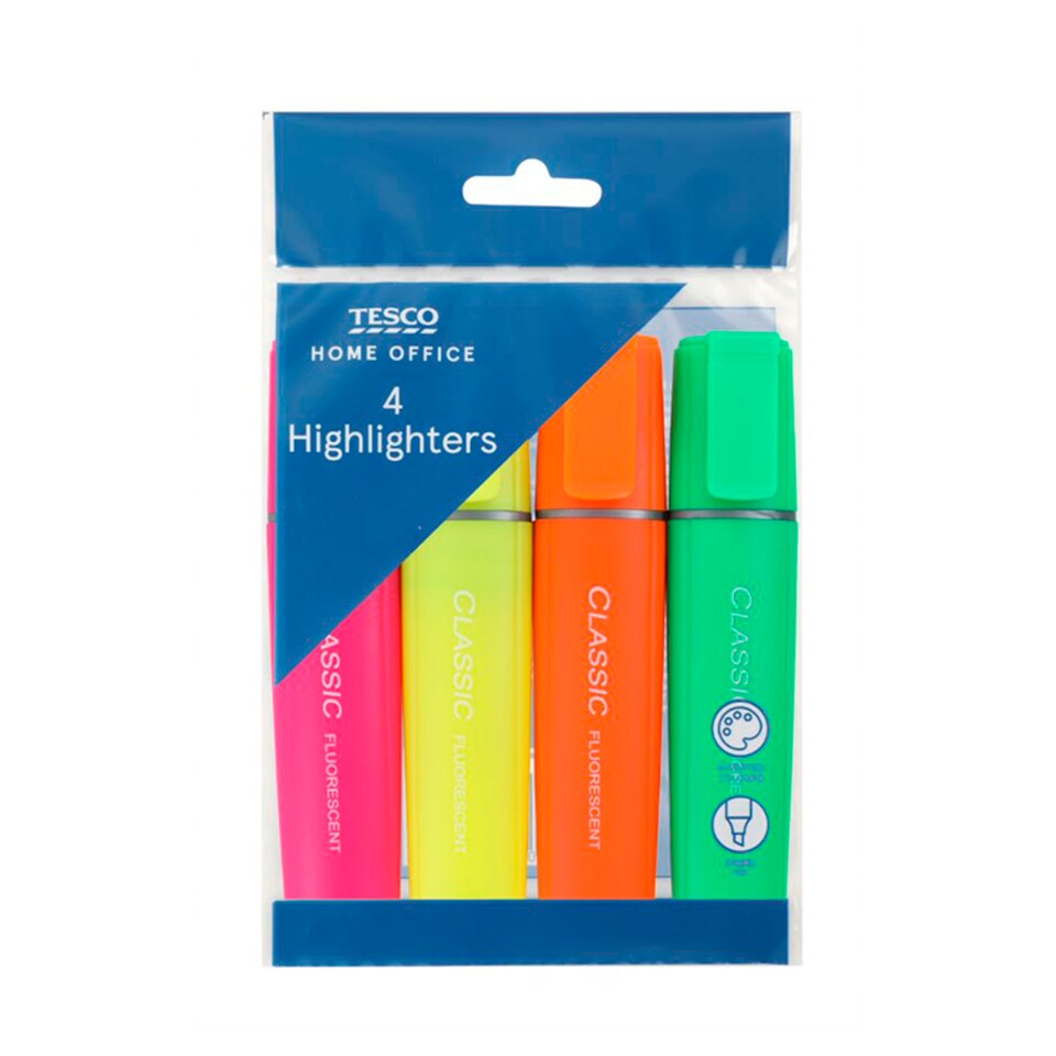 Tesco Rectangular Highlighters Asstd 4 Pack