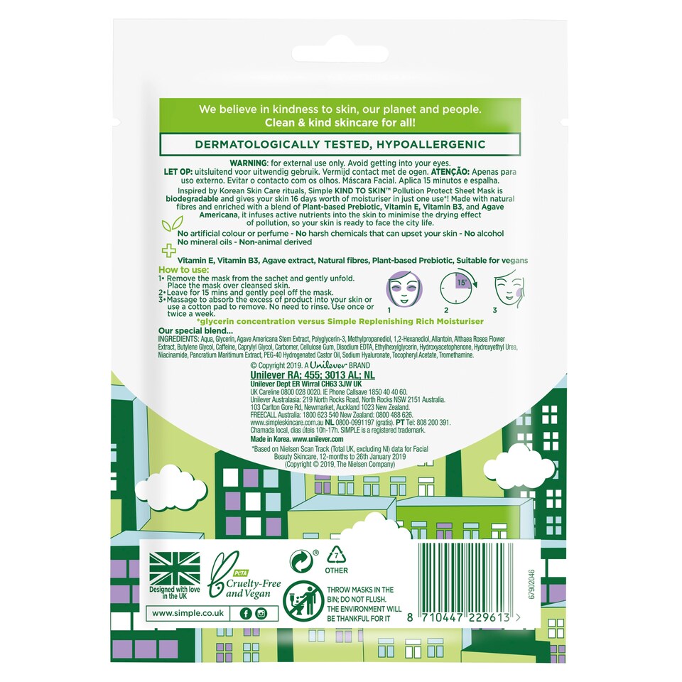 image 1 of Simple Kind To Skin Pollution Prot Sheet Mask 21Ml