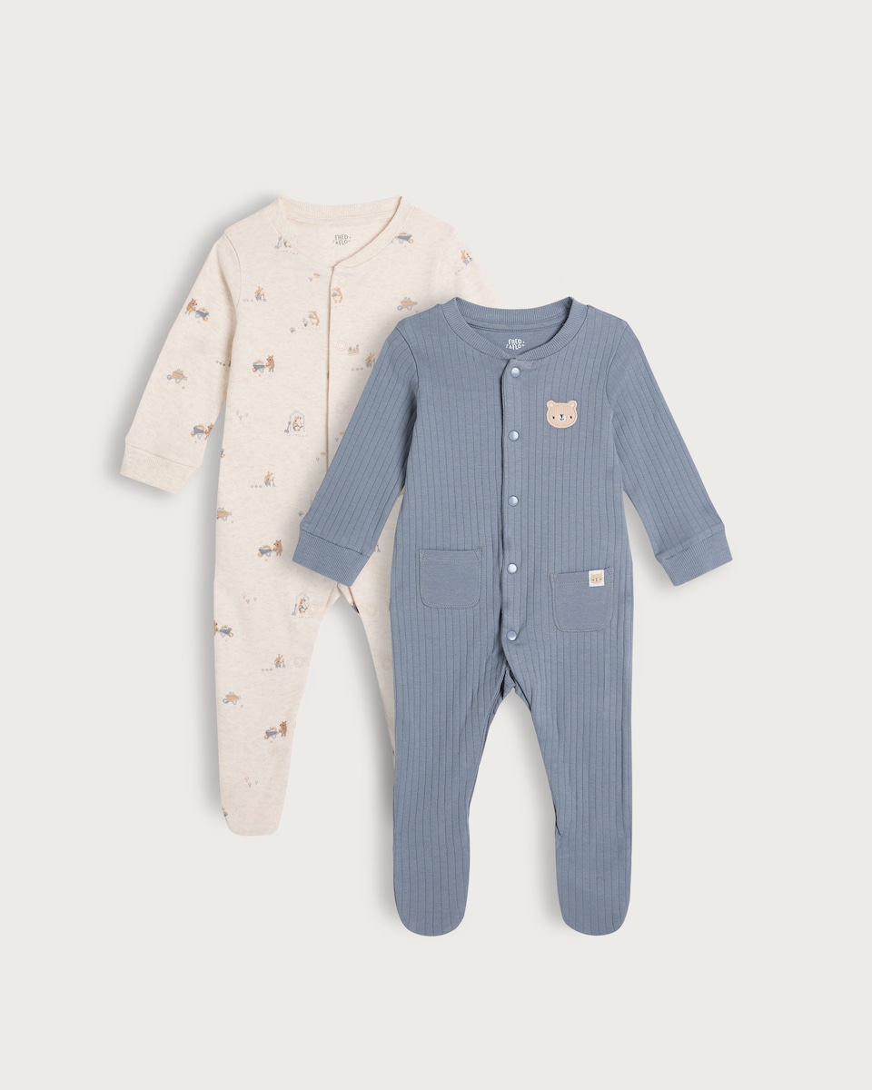 image 1 of F&F Baby 2-Pack Cotton Rich Bear Print Sleepsuits in Blue