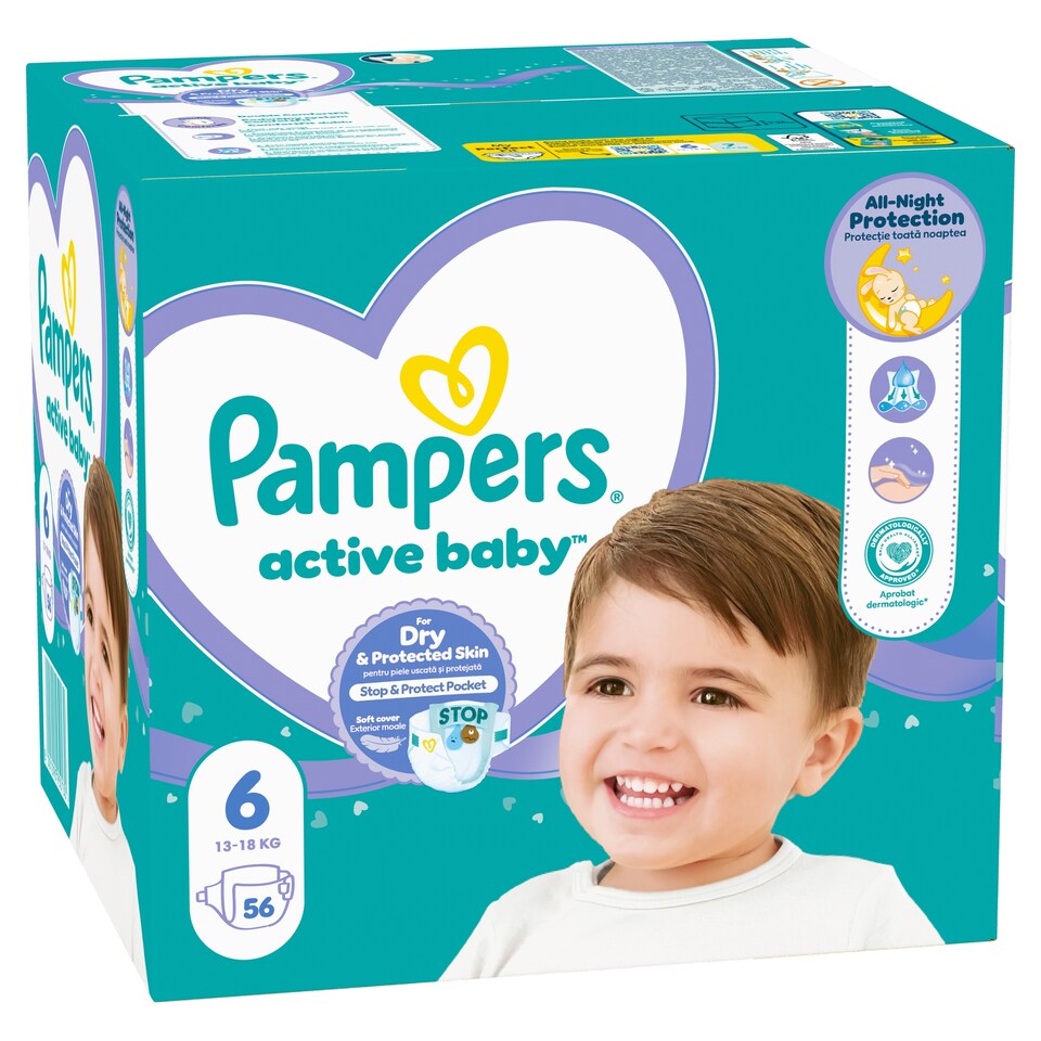 Obrázek 1 pro produkt Pampers Active Baby, Velikost 6, 56 Plenky, 13kg-18kg