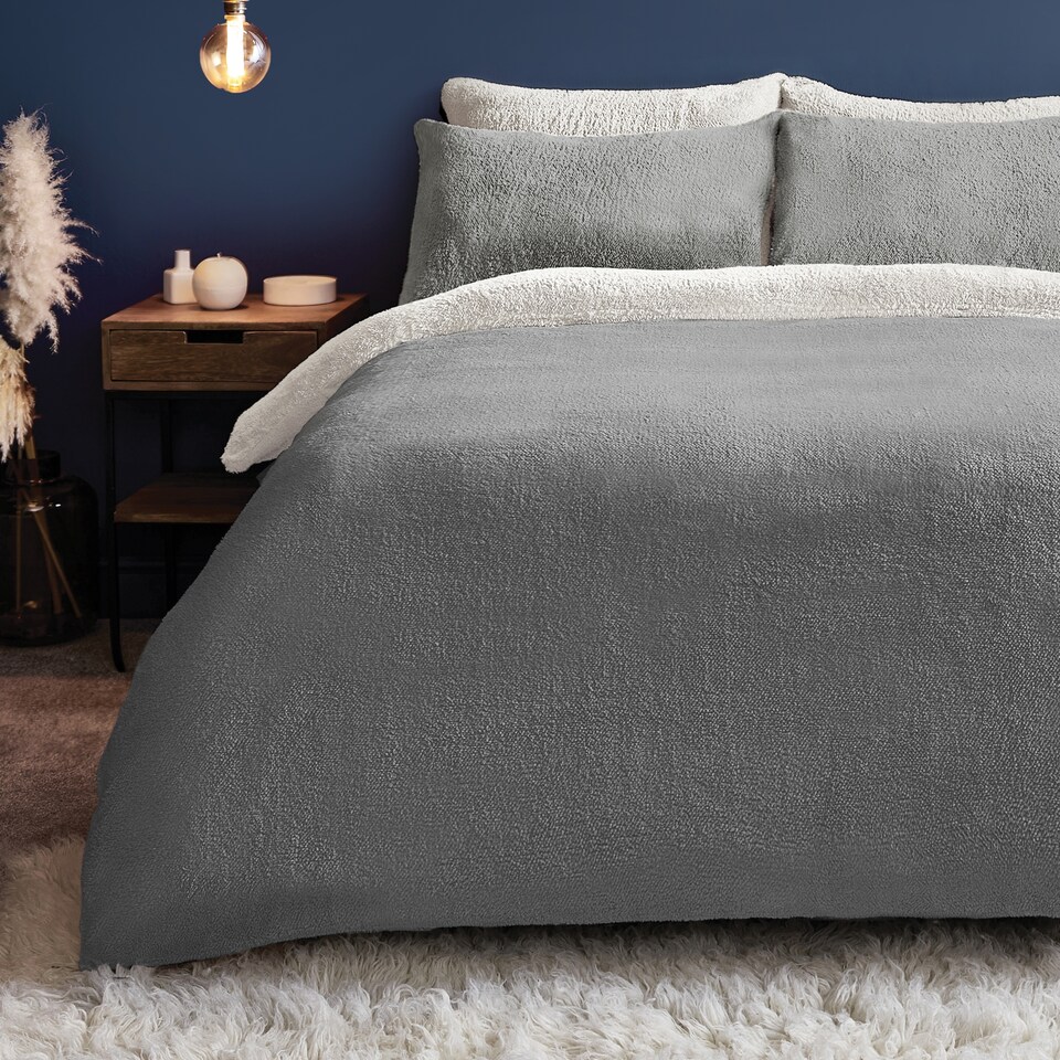 image 1 of Silentnight Grey Reversible Teddy Duvet Set Double