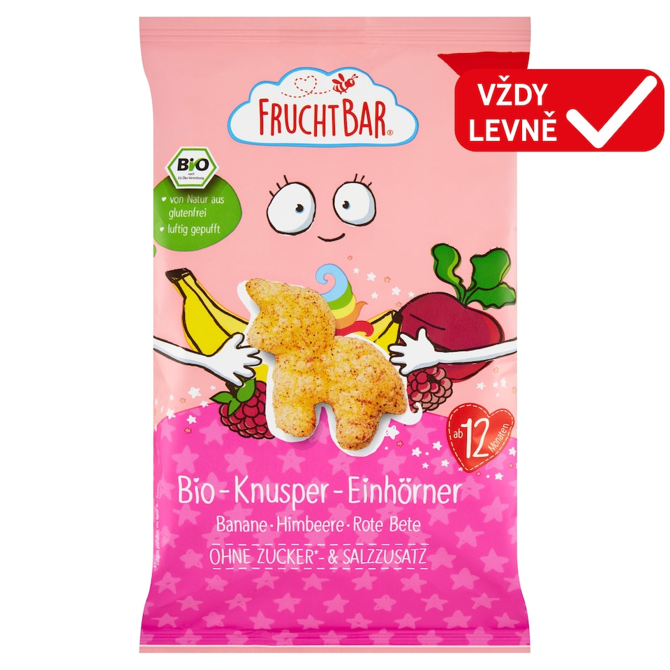 Obrázek 1 pro produkt FruchtBar Bio křupky jednorožec kukuřice, banán, malina a řepa 30g