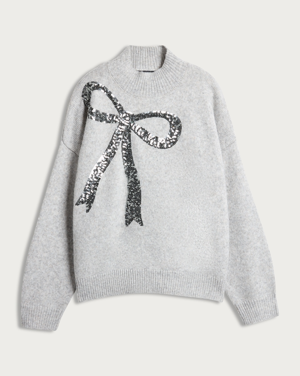 image 1 of F&F Knitted Sequin Bow High Neck Jumper with Wool in Grey
