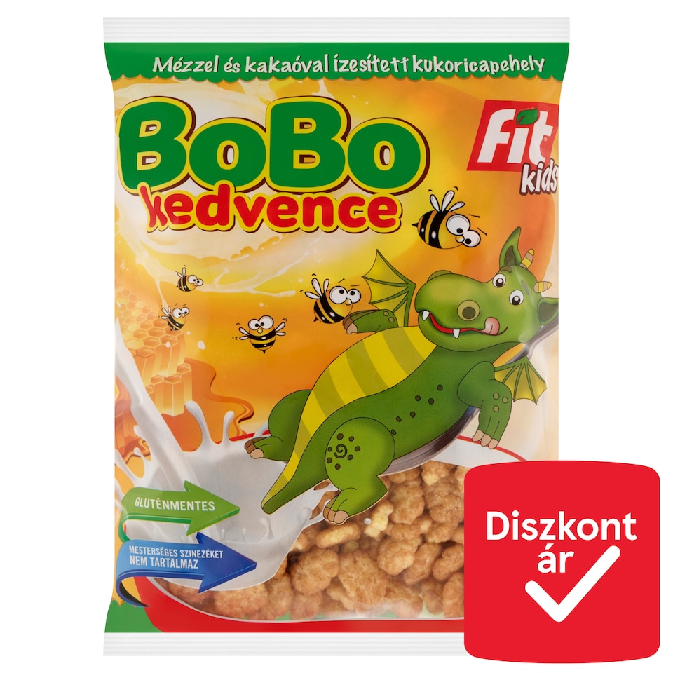 Fit Kids Bobo Kedvence gluténmentes, extrudált, mézzel és kakaóval ízesített kukoricapehely 225 g