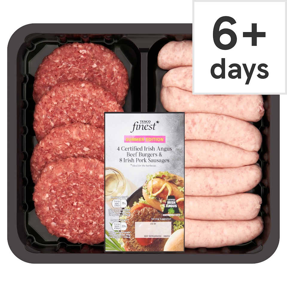Tesco Finest 4 Certified Irish Angus Beef Burgers and 8 Irish Pork Sausages 1.06kg