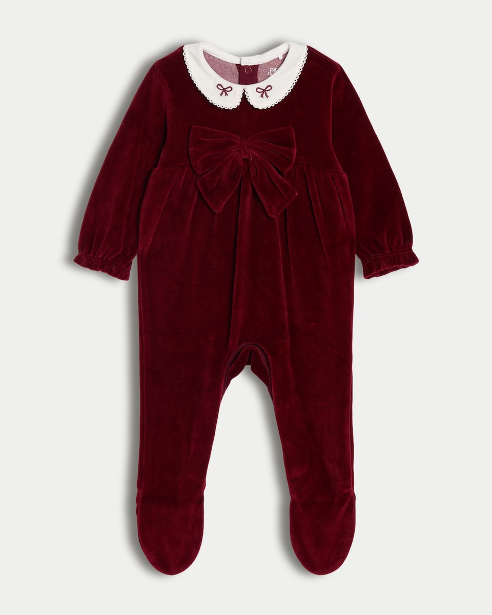 image 1 of F&F Baby Cotton Rich Velour Bow Accent Sleepsuit in Purple