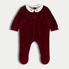F&F Baby Cotton Rich Velour Bow Accent Sleepsuit in Purple
