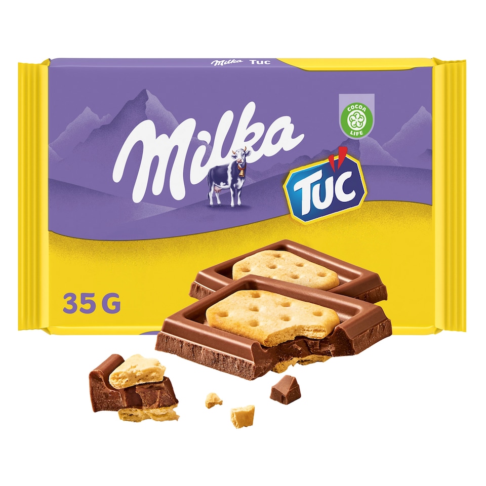 Milka čokoláda mliečna z alpského mlieka obložená slanými krekermi TUC 35 g