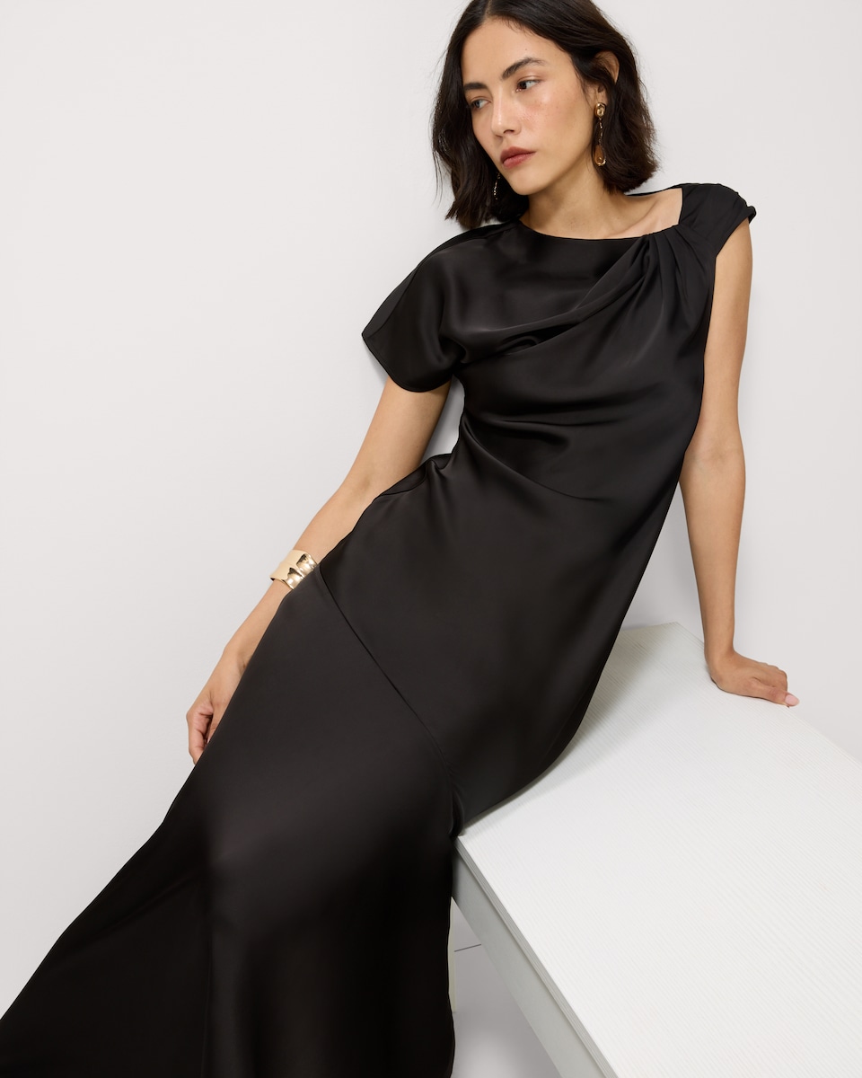 image 1 of F&F Satin Asymmetric Maxi Dress in Black