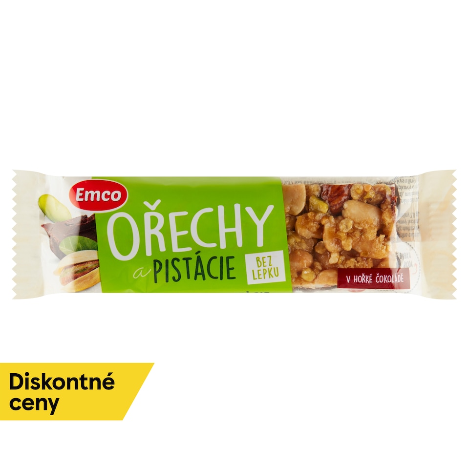 Emco Arašidová tyčinka s mandľami a pistáciami polomáčaná v horkej čokoláde 35 g