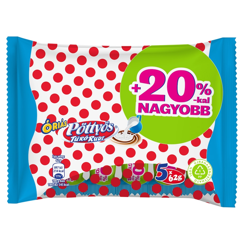 Pöttyös Óriás Túró Rudi natúr túródesszert tejes bevonattal 5 x 62 g (310 g)