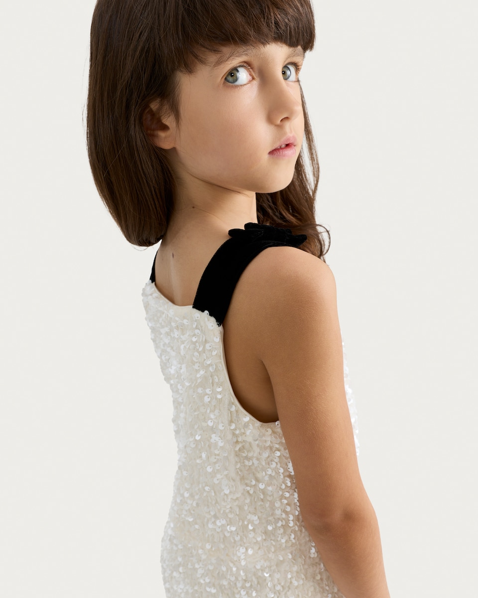 image 1 of F&F Girls Velvet Strap Sequin Dress in Cream