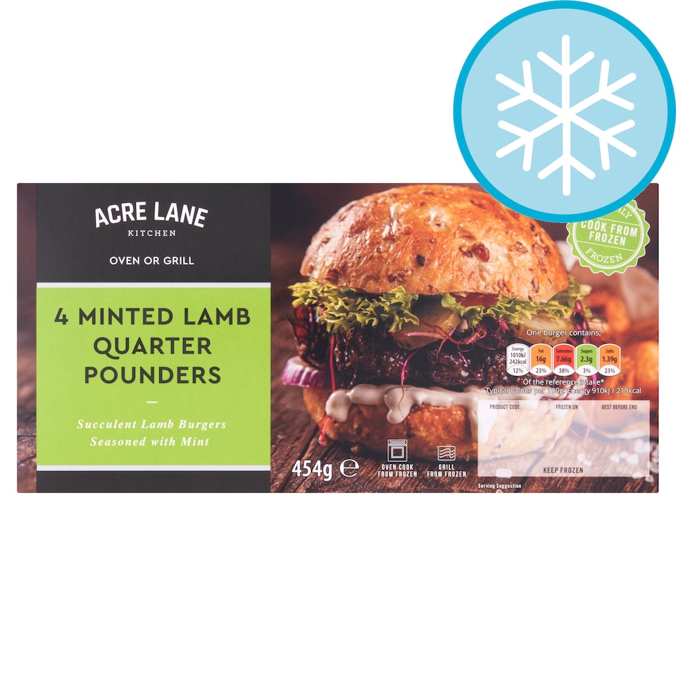 Acre Lane 4 Minted Lamb Quarter Pounder Burgers 454G Tesco Groceries