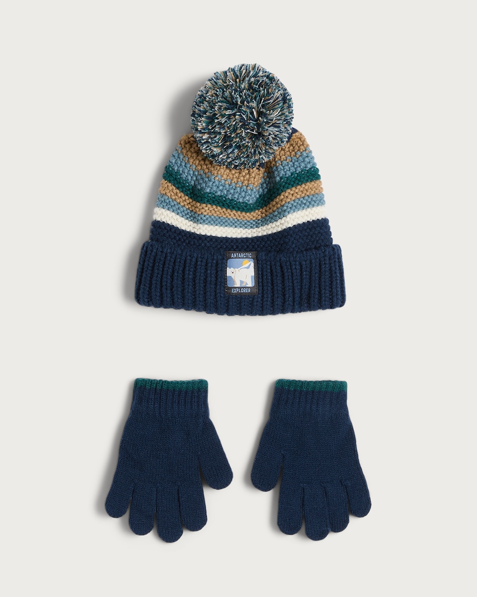 image 1 of F&F Boys 3-Piece Knitted Striped Hat, Gloves and Snood Set in Navy