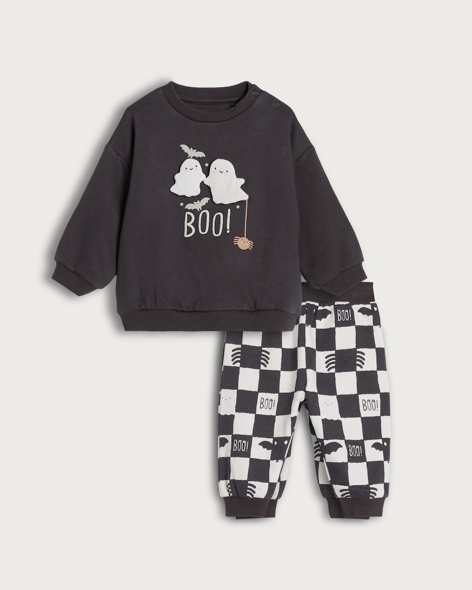 image 1 of F&F Baby 2-Piece Cotton Rich Boo Ghost Print Sweatshirt and Joggers Set in Dark Grey